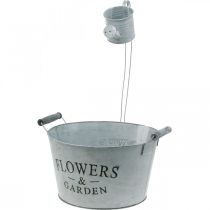 Artikel Plantkom met gieter, tuindecoratie, metalen plantenbak zilver white wash H41cm Ø28cm/Ø7cm