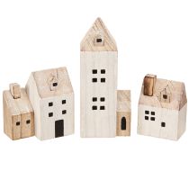 Artikel Mini Kerstdorp Houten Decoratie Wit Naturel H13/7cm 6 stuks