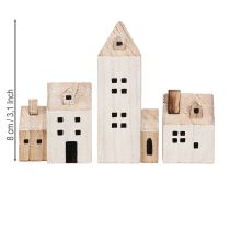Artikel Mini Kerstdorp Houten Decoratie Wit Naturel H13/7cm 6 stuks