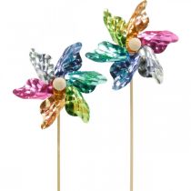 Mini-pinwheel, feestdecoratie, molen op de staaf kleurrijk, decoratie voor in de tuin, bloemplug Ø8,5cm 12st