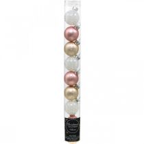 Artikel Mini kerstballen crème, roze, wit echt glas Ø3cm 9st