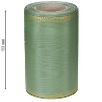 Artikel Moiré kranslint saliegroen met gouden rand, 150 mm x 25 m, decoratief lint voor bloemstukken en kransen.