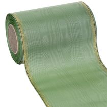 Artikel Moiré kranslint saliegroen met gouden rand, 150 mm x 25 m, decoratief lint voor bloemstukken en kransen.