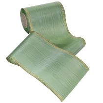 Artikel Moiré kranslint saliegroen met gouden rand, 150 mm x 25 m, decoratief lint voor bloemstukken en kransen.