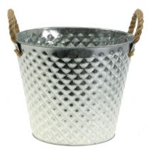 Artikel Zink pot diamant met touw handvatten wit gewassen Ø24.5cm H21cm