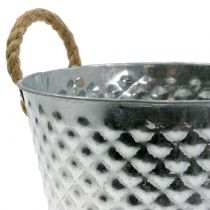 Artikel Zink pot diamant met touw handvatten wit gewassen Ø24.5cm H21cm