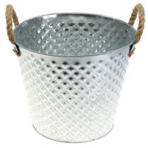 Artikel Zink pot diamant met touw handvatten wit gewassen Ø24.5cm H21cm