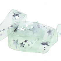 Decoratief lint organza met stermotief lichtgroen 25mm 20m