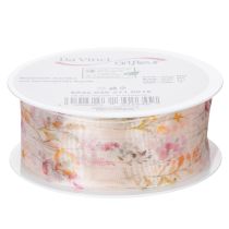 Artikel Organza lint, chiffon lint, bloemenprint, oranje/roze, 40 mm, 15 m