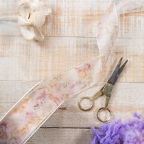 Artikel Organza lint, chiffon lint, bloemenprint, oranje/roze, 40 mm, 15 m