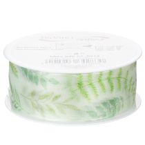 Artikel Organza lint, chiffon lint, groen met bladmotieven, 40 mm breed, 15 m lang