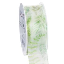 Artikel Organza lint, chiffon lint, groen met bladmotieven, 40 mm breed, 15 m lang