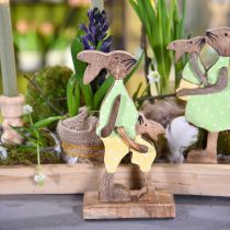 Artikel Paashaas met kind, lentedecoratie gemaakt van hout, konijn vader, paasnatuur, groen, geel H22cm