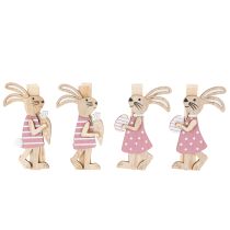 Artikel Decoratieve paashaasclips, roze en witte houten paasdecoraties, 7,5 cm, 4 stuks