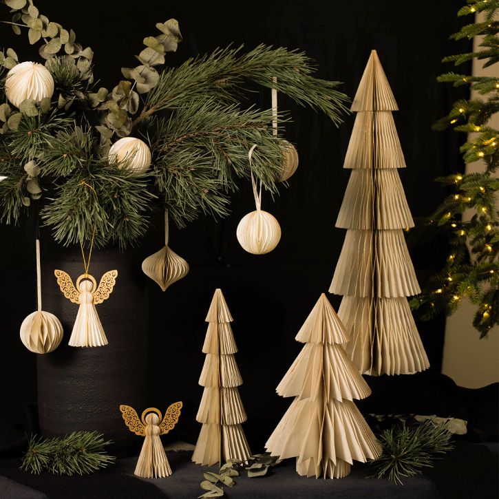 Artikel Papieren kerstboom klein crème goud H30cm