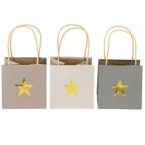 Artikel Papieren zakken met ster en handvat grijs geassorteerd 12×12×12cm 9 stuks