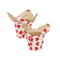 Papieren plantenbak met hartjes wit-rood Ø8cm H6.5cm 8st