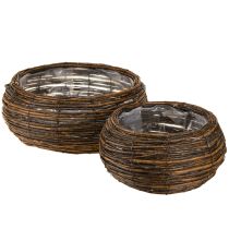 Artikel Plantenmand rond met folie rieten mand bruin Ø32/23cm set van 2