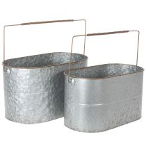 Artikel Bloempot met handvat, metalen pot, plantenbak, zilver, bruin, H22/20cm L42/40cm, set van 2