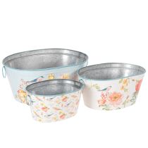 Artikel Plantenschalen, lente, plantenbakken voor bloemen/vogels, ovale metalen bak L39/31/24,5cm, set van 3