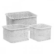 Artikel Metalen kommen kantpatroon, vierkant decoratief vat, shabby chic, wit 27/23/19cm H13.5cm set van 3