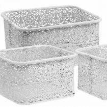 Artikel Metalen kommen kantpatroon, vierkant decoratief vat, shabby chic, wit 27/23/19cm H13.5cm set van 3