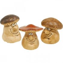 Keramieken decoratieve paddenstoel met gezichtsfiguur bruin H6.5cm 3st