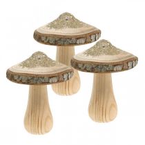 Artikel Houten paddestoelschors en glitter decoratieve paddestoelen hout H8,5cm 4 st