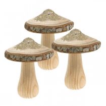 Artikel Houten paddestoel schors en glitter deco paddestoelen hout H8.5cm 4st