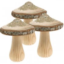 Houten paddestoel schors en glitter deco paddestoelen hout H11cm 3st