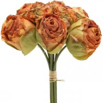 Rozenbos, zijden bloemen, kunstrozen oranje, antiek look L23cm 8st