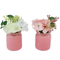 Artikel Kunstroos in glazen pot roze wit H16cm 2st