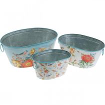Artikel Plantenbakken, lente, plantenbak bloemen/vogels, metalen vaas ovaal L39/31/24,5cm set van 3