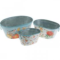 Artikel Plantenschalen, lente, plantenbak bloemen / vogels, metalen bak ovaal L39 / 31 / 24.5cm set van 3