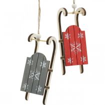 Houten slee, winterdecoratie om op te hangen, decoratie voor Advent grijs/rood L13cm 6st
