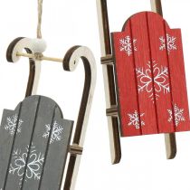 Houten slee, winterdecoratie om op te hangen, decoratie voor Advent grijs/rood L13cm 6st