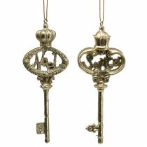 Kerstboomdecoratiesleutel met mica goud 13cm 2st