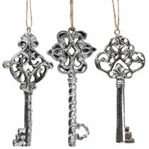 Decoratieve sleutel voor het ophangen van antiek zilver 10cm 3 st