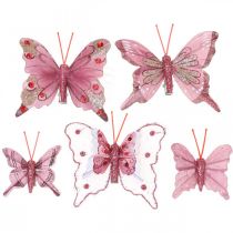 Deco vlinders met clip, veren vlinders roze 4.5–8cm 10st