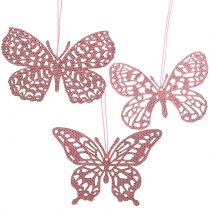Decoratieve hangende vlinder roze glitter 10cm 6st