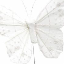 Veer vlinder op draad wit met glitter 10cm 12st