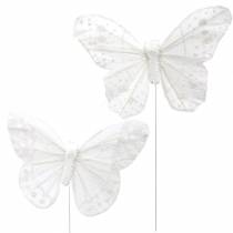 Veer vlinder op draad wit met glitter 10cm 12st