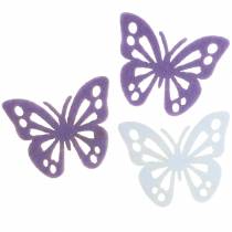 Artikel Vilten vlinder tafeldecoratie paars wit assorti 3,5x4,5cm 54 stuks
