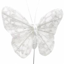 Veer vlinder met draad wit, glitter 5cm 24st
