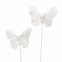 Veer vlinder met draad wit, glitter 5cm 24st