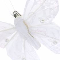 Veer vlinder op clip wit 10 cm 12 stuks