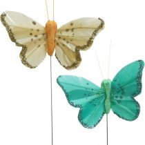 Vlinder met glitter, deco pluggen, veer vlinder lente geel, turquoise, groen 4×6.5cm 24st