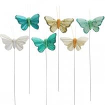 Vlinder met glitter, deco pluggen, veer vlinder lente geel, turquoise, groen 4×6.5cm 24st