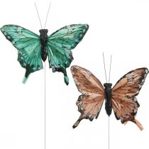 Decoratieve vlinders, lentedecoratie, veren vlinders, plantpluggen groen, bruin 9.5×12.5cm 12st