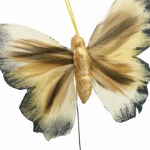 Deco vlinder, lentedecoratie, mot op draad bruin, geel, wit 6×9cm 12st